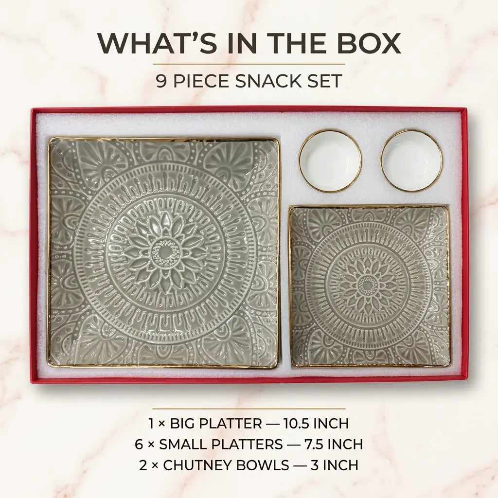 9 Pcs Ceramic Square Snack & Serving Platter Set with Chutney Bowls – Grey & Gold | 6065-2