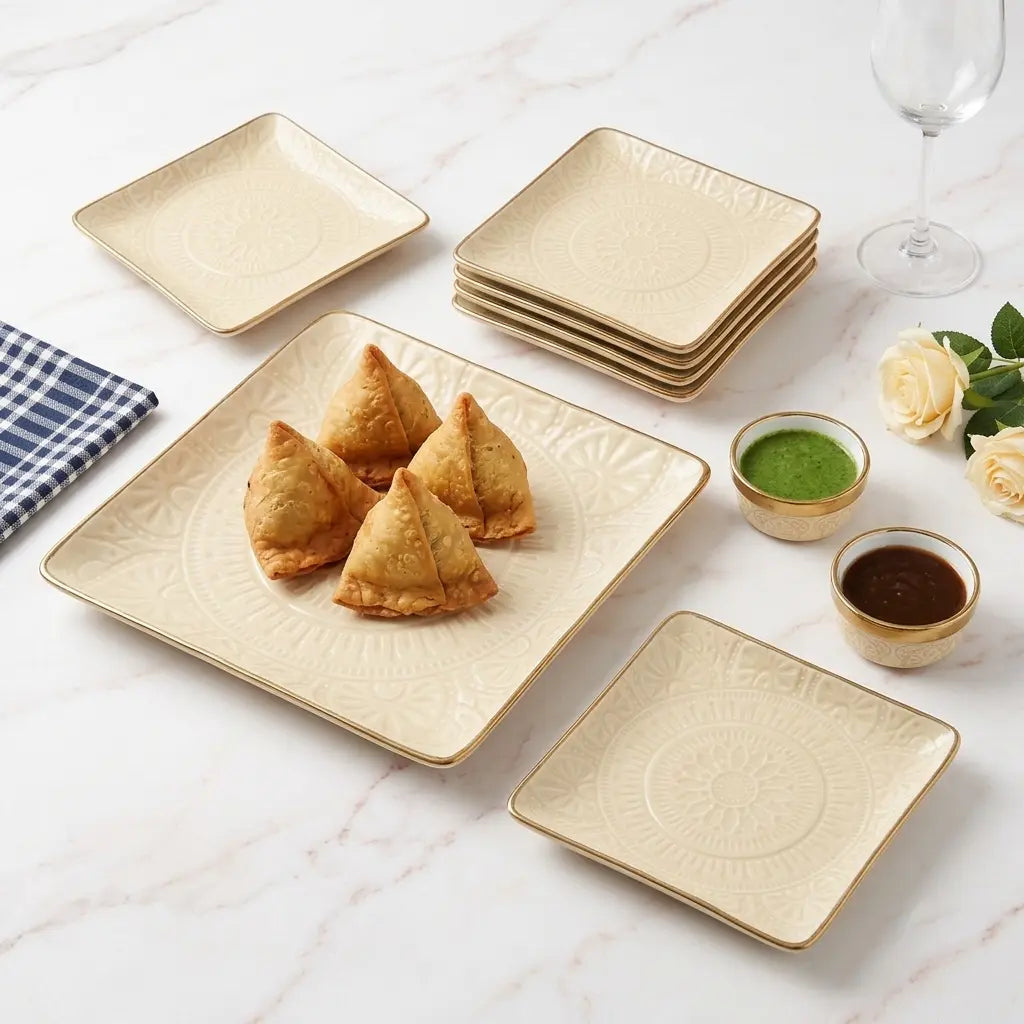 Premium 9 Pcs Square Snack Serving Set with 6 Plates, Big Platter & 2 Chutney Bowls – Ivory & Gold