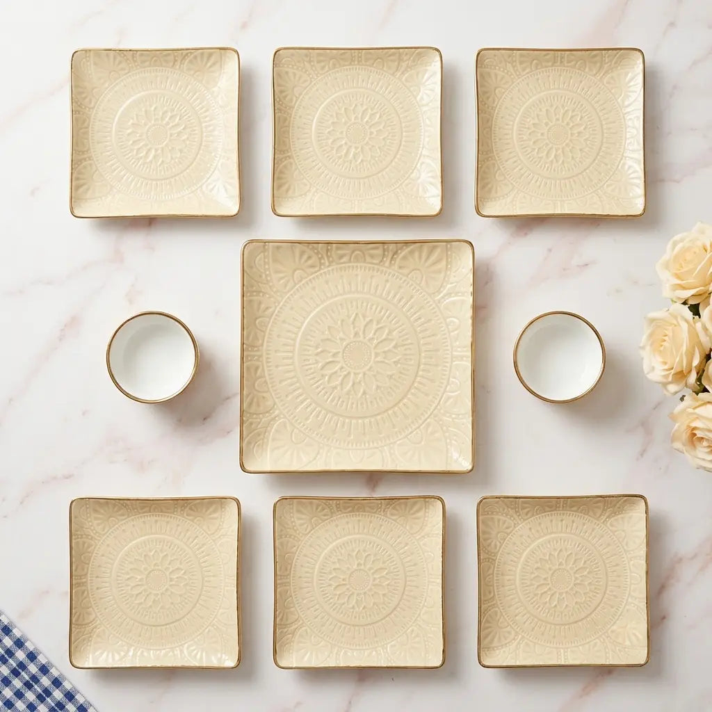 Premium 9 Pcs Square Snack Serving Set with 6 Plates, Big Platter & 2 Chutney Bowls – Ivory & Gold