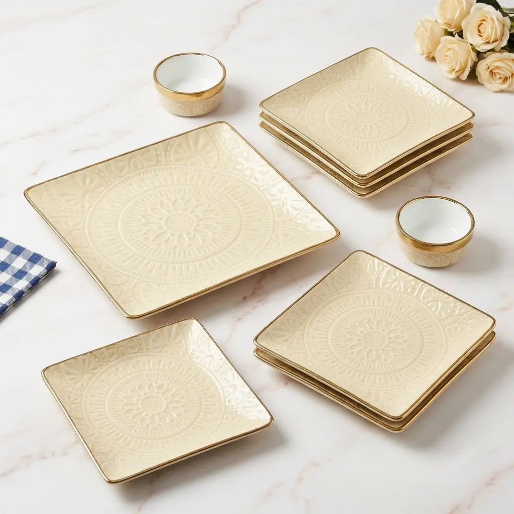 Premium 9 Pcs Square Snack Serving Set with 6 Plates, Big Platter & 2 Chutney Bowls – Ivory & Gold