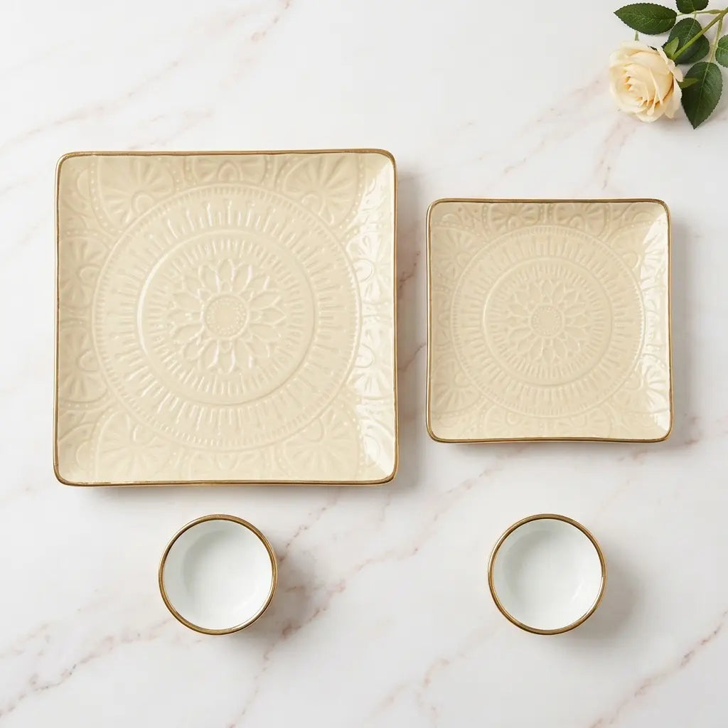 Premium 9 Pcs Square Snack Serving Set with 6 Plates, Big Platter & 2 Chutney Bowls – Ivory & Gold