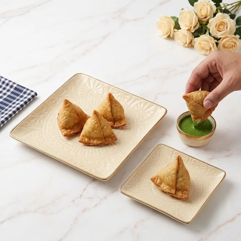Premium 9 Pcs Square Snack Serving Set with 6 Plates, Big Platter & 2 Chutney Bowls – Ivory & Gold