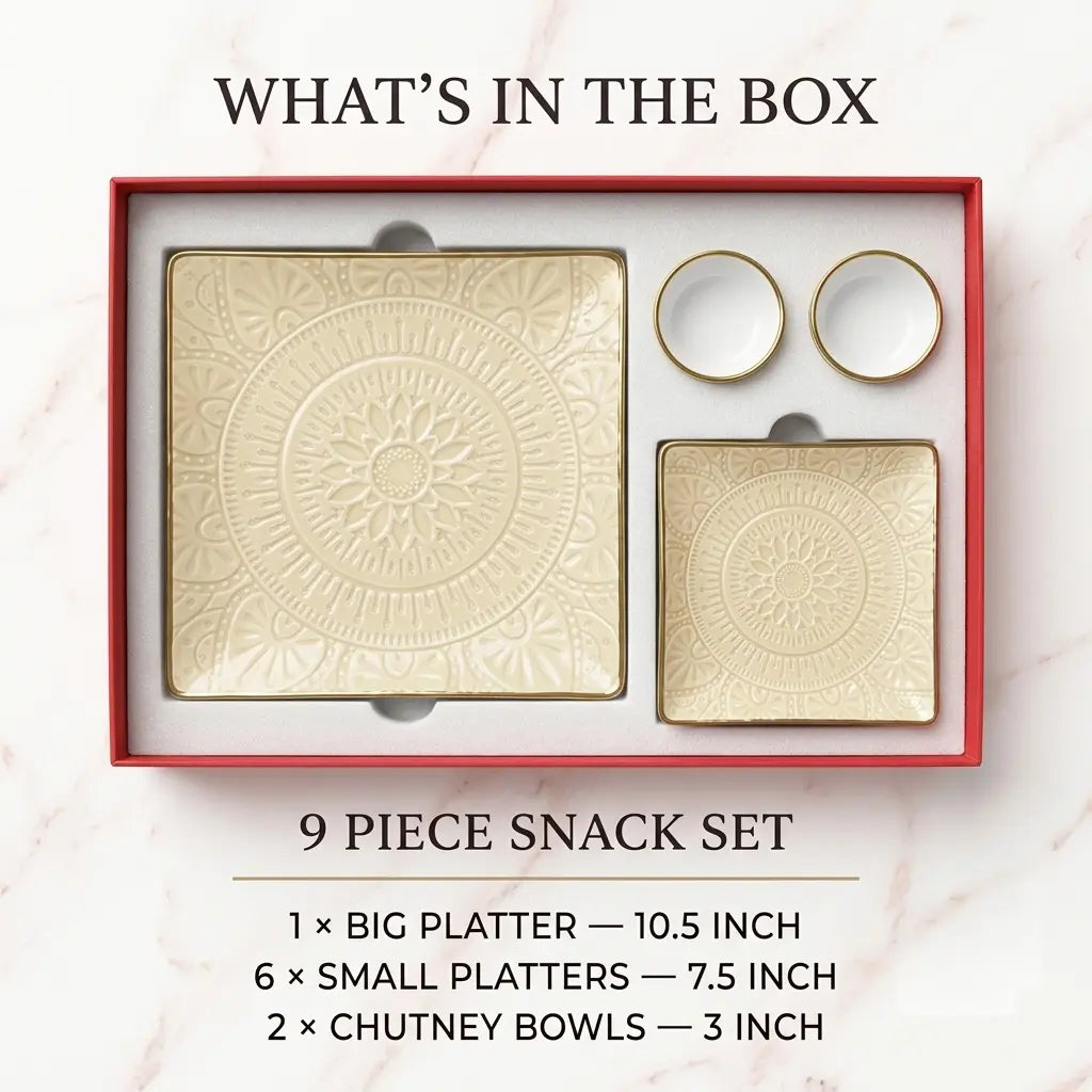 Premium 9 Pcs Square Snack Serving Set with 6 Plates, Big Platter & 2 Chutney Bowls – Ivory & Gold