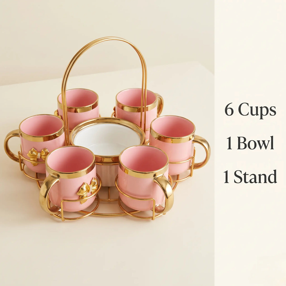 Pink Tea Cup Set of 6 with Bowl and Golden Stand | 6024-1