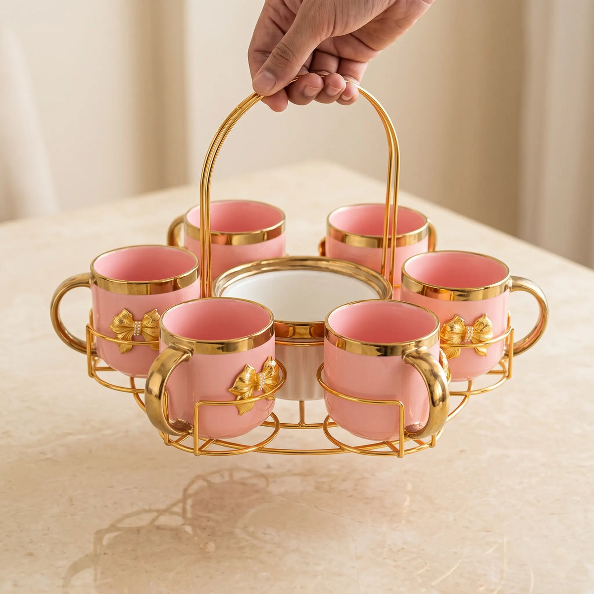 Pink Tea Cup Set of 6 with Bowl and Golden Stand | 6024-1