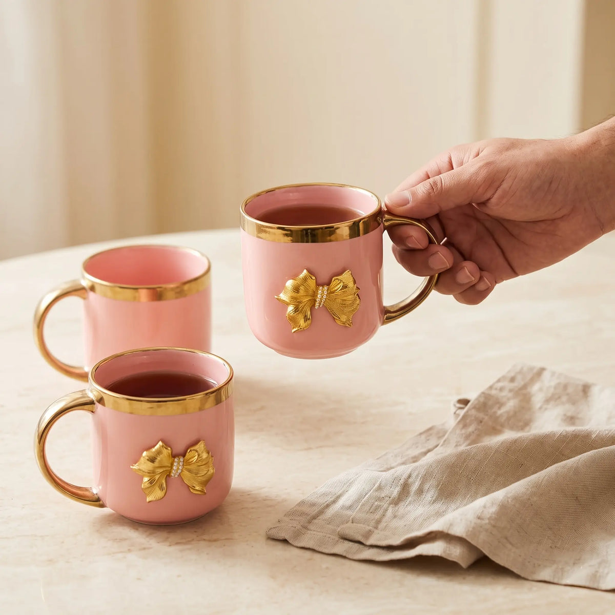 Pink Tea Cup Set of 6 with Bowl and Golden Stand | 6024-1