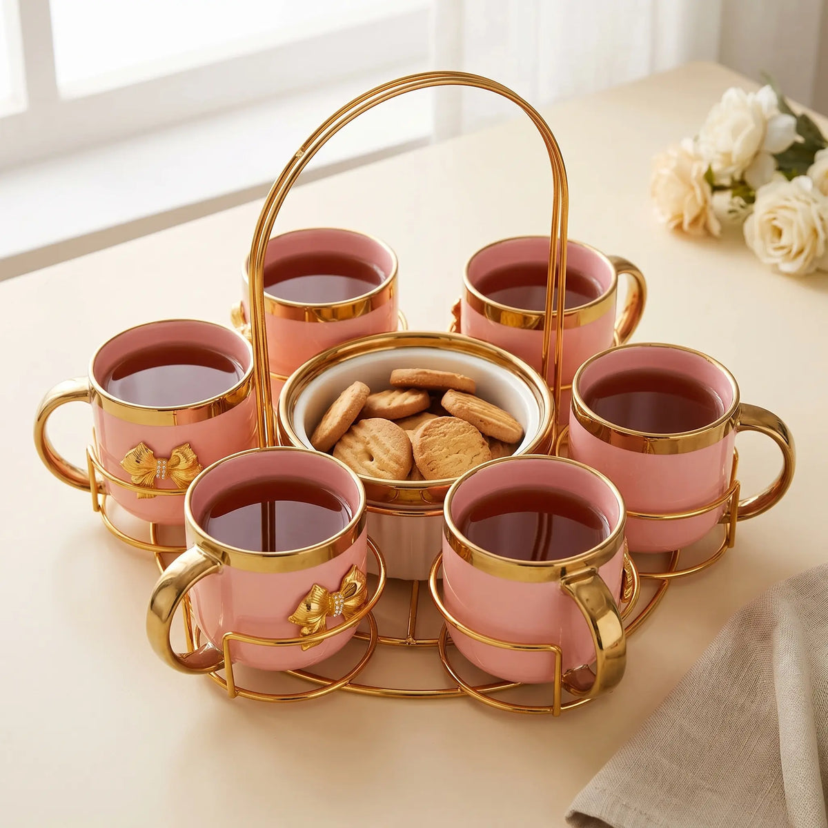 Pink Tea Cup Set of 6 with Bowl and Golden Stand | 6024-1
