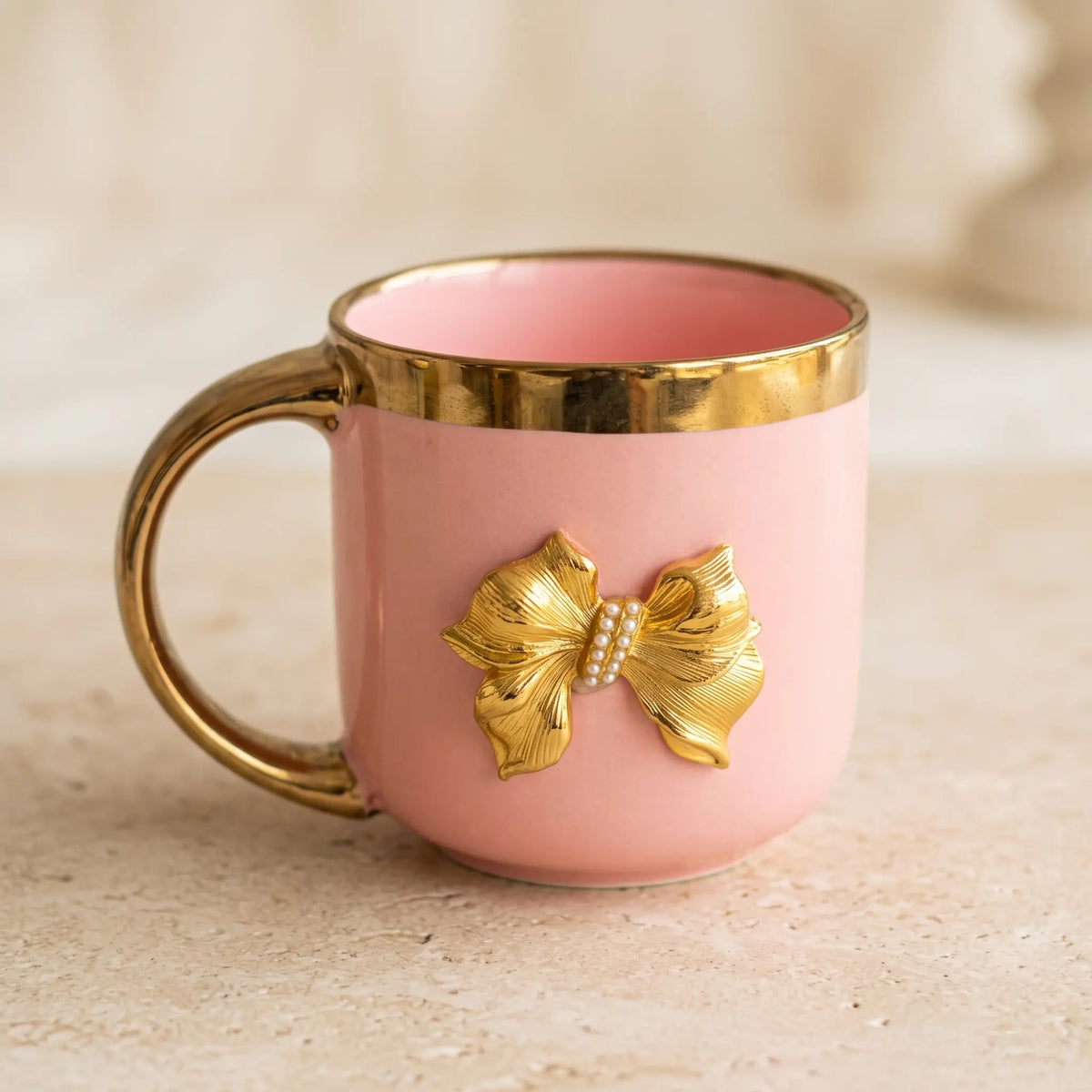 Pink Tea Cup Set of 6 with Bowl and Golden Stand | 6024-1