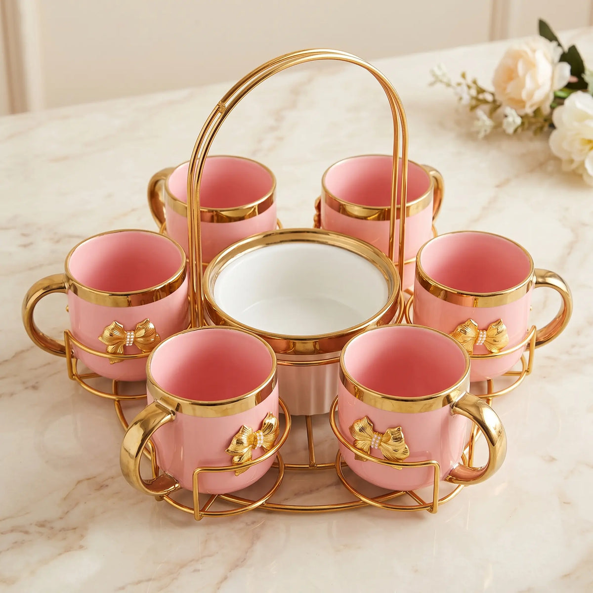 Pink Tea Cup Set of 6 with Bowl and Golden Stand | 6024-1