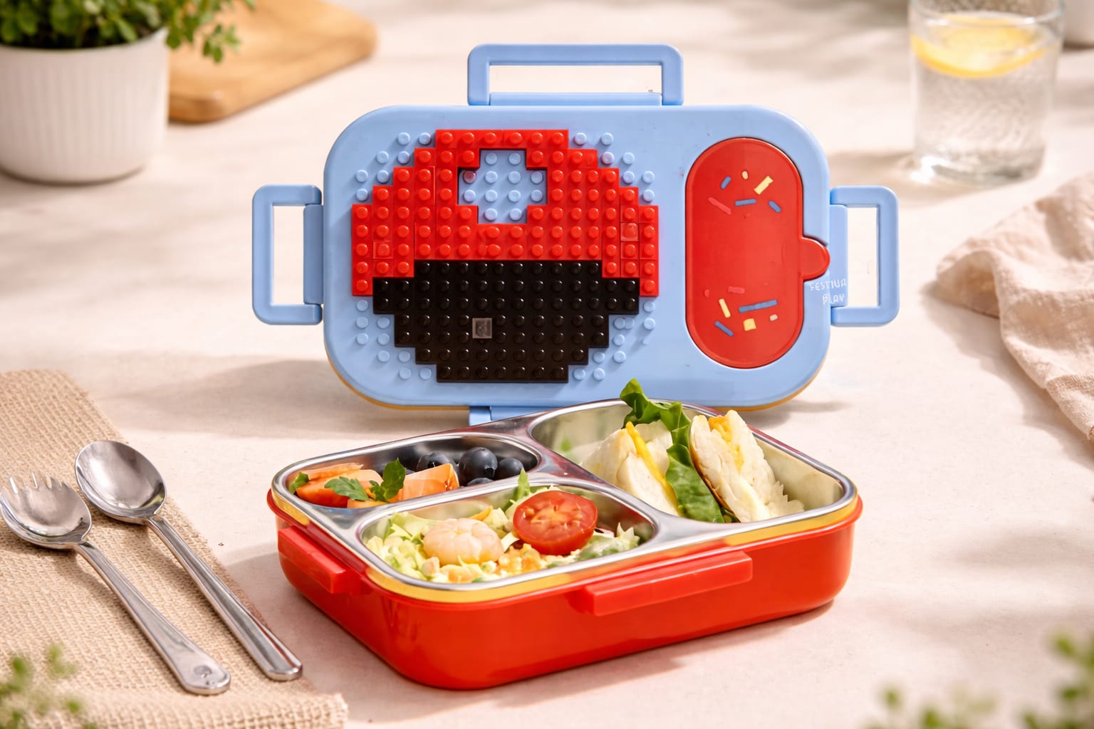 PixelPlay Bento Lunch Box – Creative Blocks 3 Compartment Kids Lunch Box