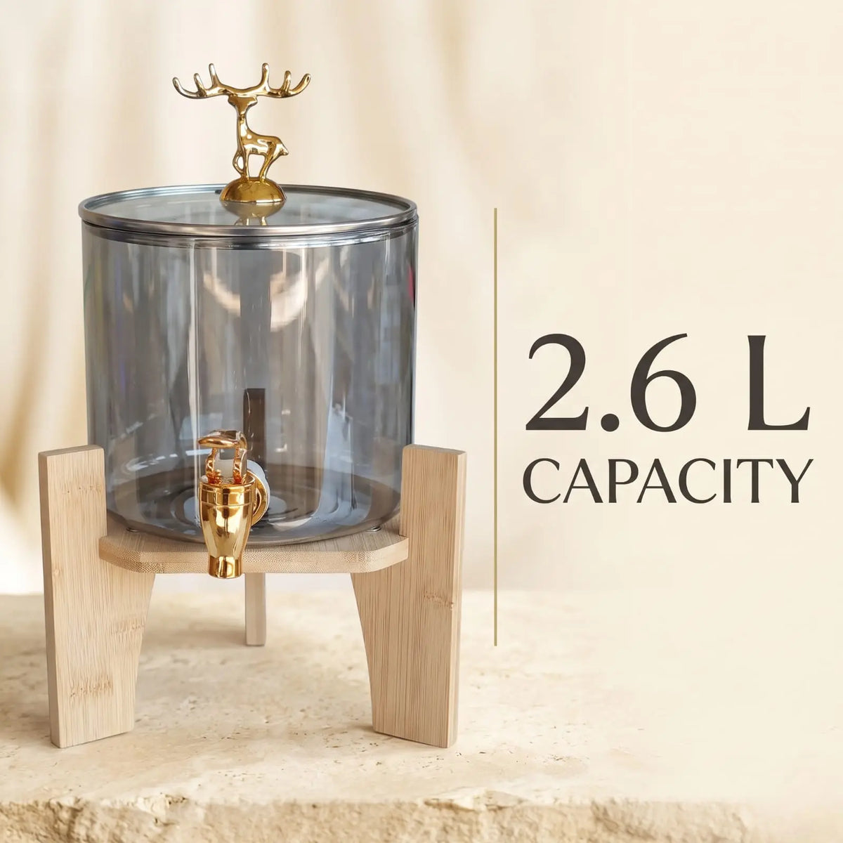 2.6L Smoke Tinted Borosilicate Glass Beverage Dispenser with Wooden Stand