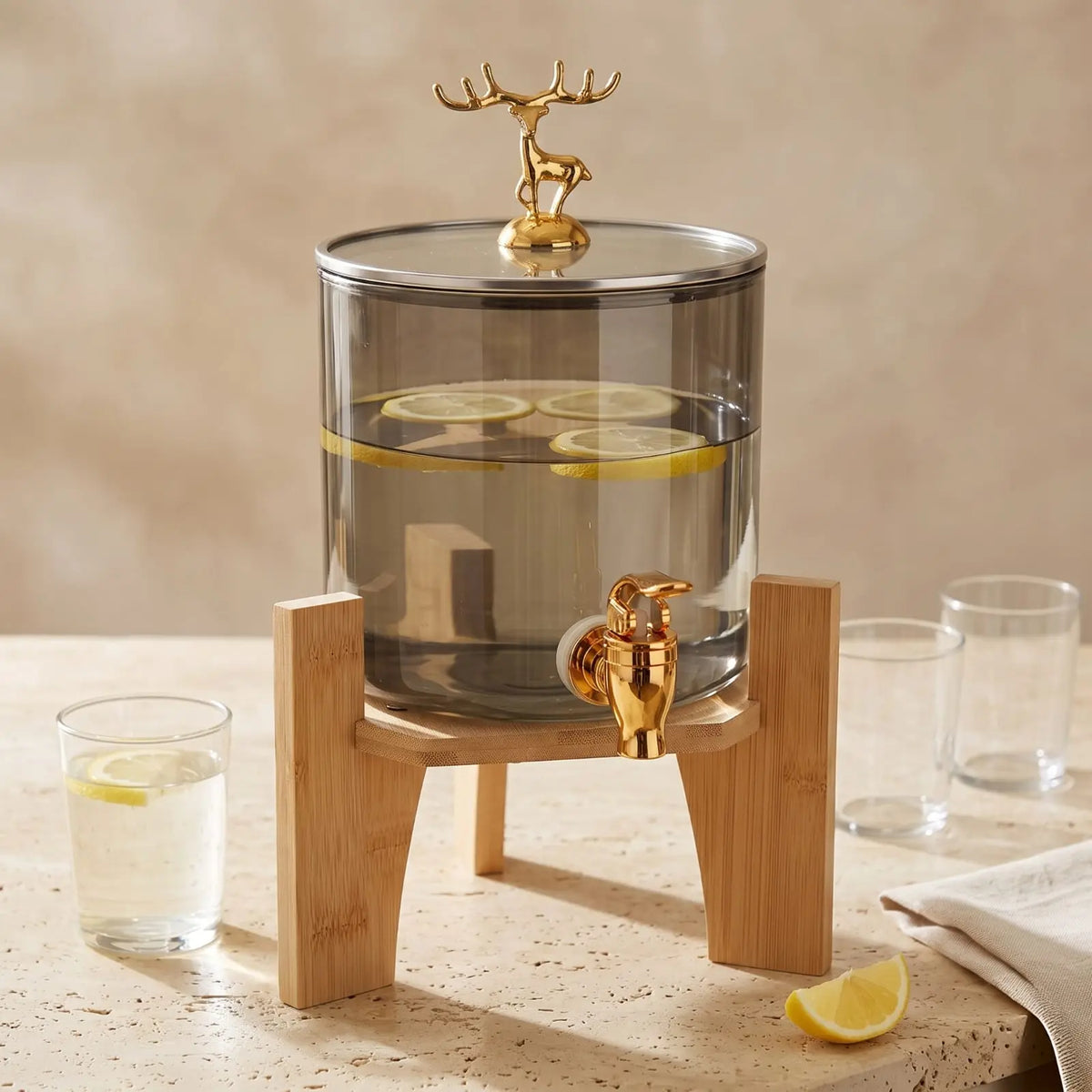 2.6L Smoke Tinted Borosilicate Glass Beverage Dispenser with Wooden Stand
