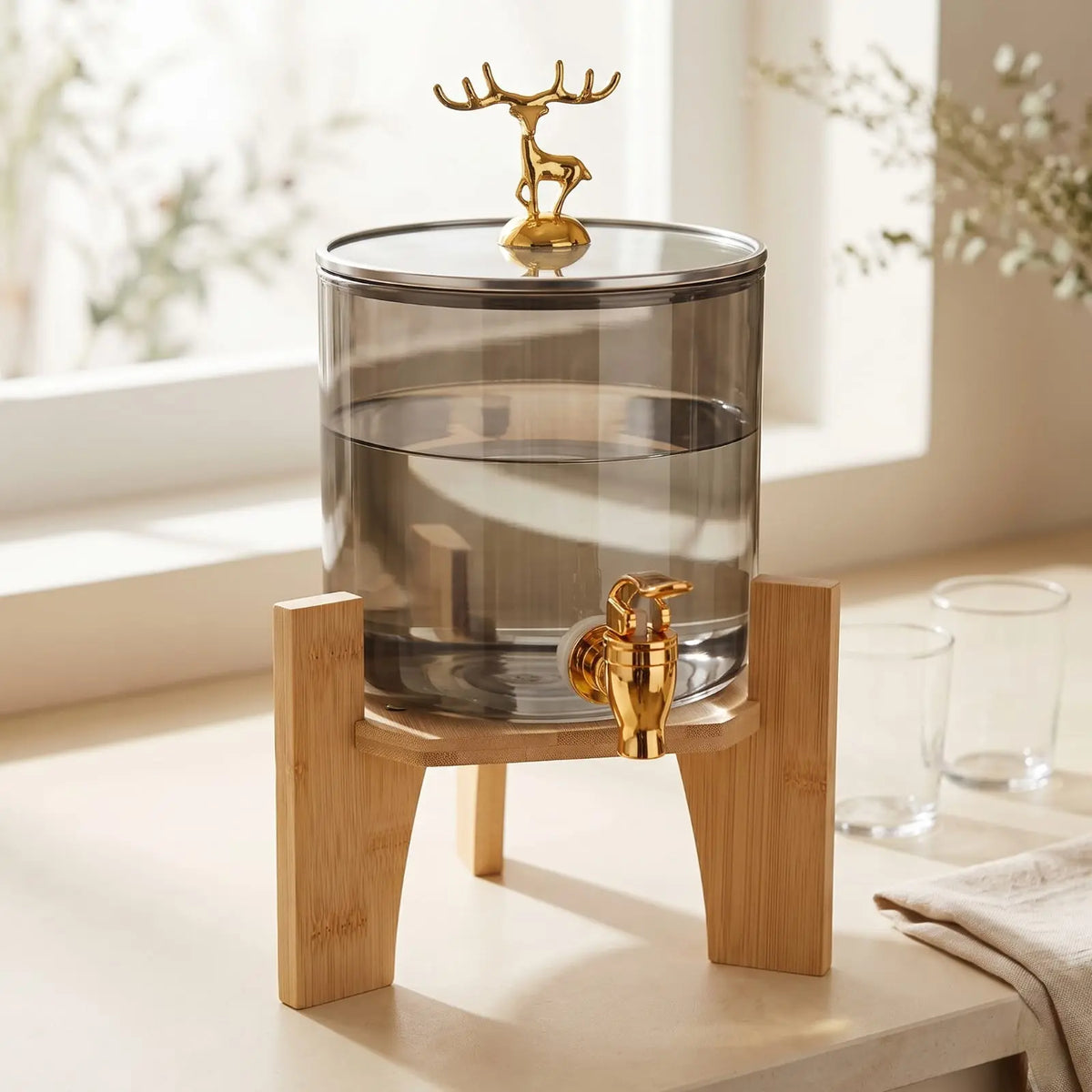 2.6L Smoke Tinted Borosilicate Glass Beverage Dispenser with Wooden Stand