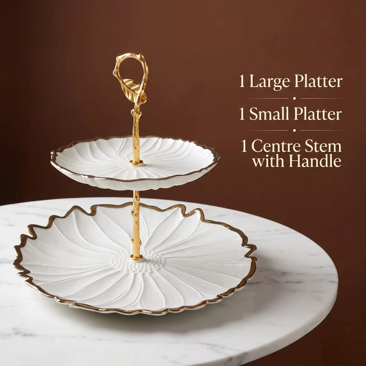 2 Tier Ceramic Fruit Stand with Golden Rim & Metal Stem