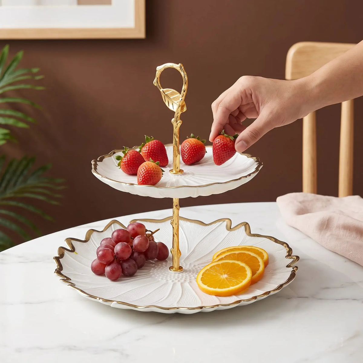 2 Tier Ceramic Fruit Stand with Golden Rim & Metal Stem