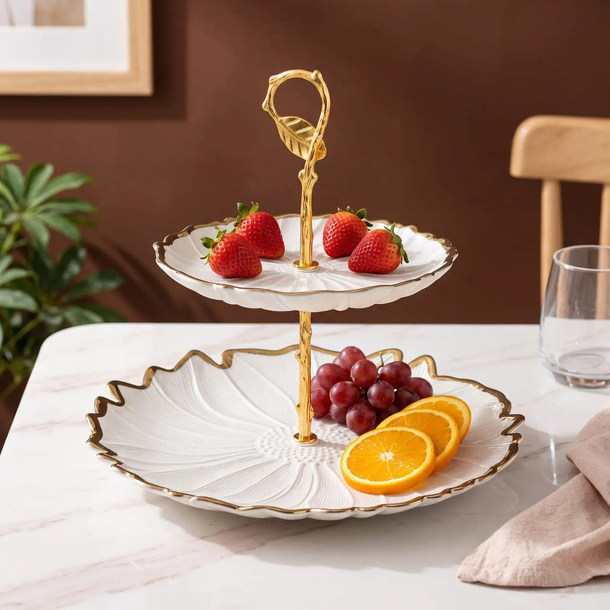 2 Tier Ceramic Fruit Stand with Golden Rim & Metal Stem