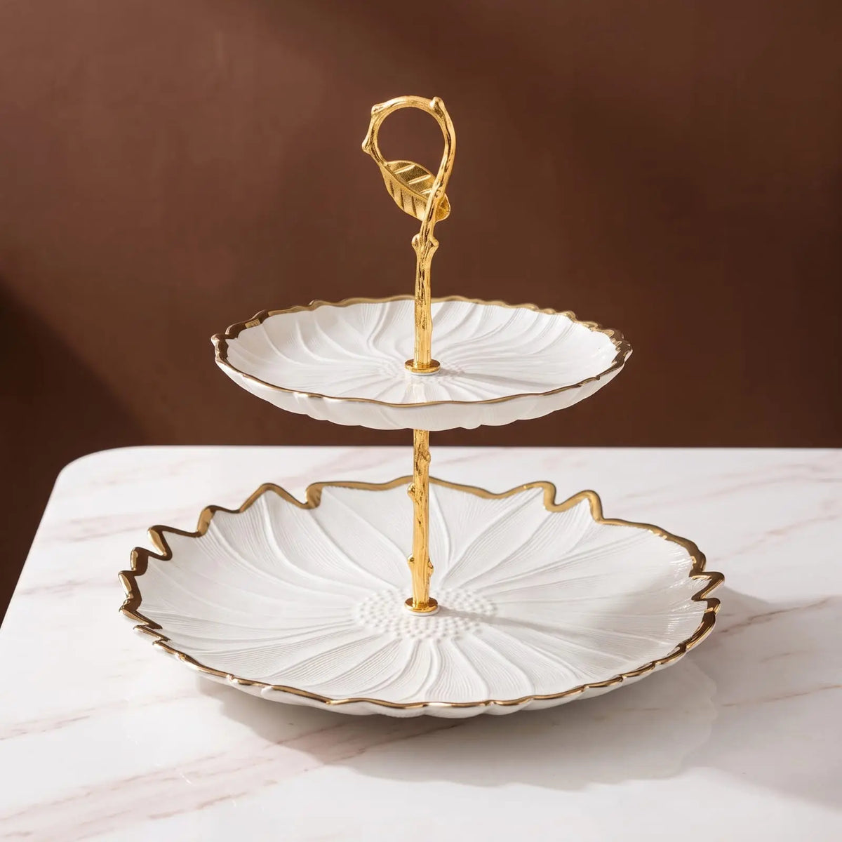 2 Tier Ceramic Fruit Stand with Golden Rim & Metal Stem