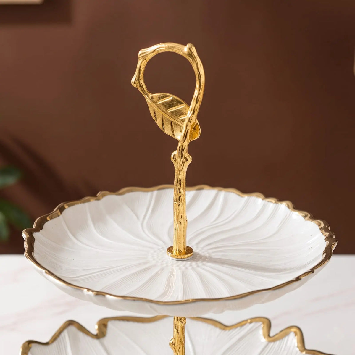 2 Tier Ceramic Fruit Stand with Golden Rim & Metal Stem