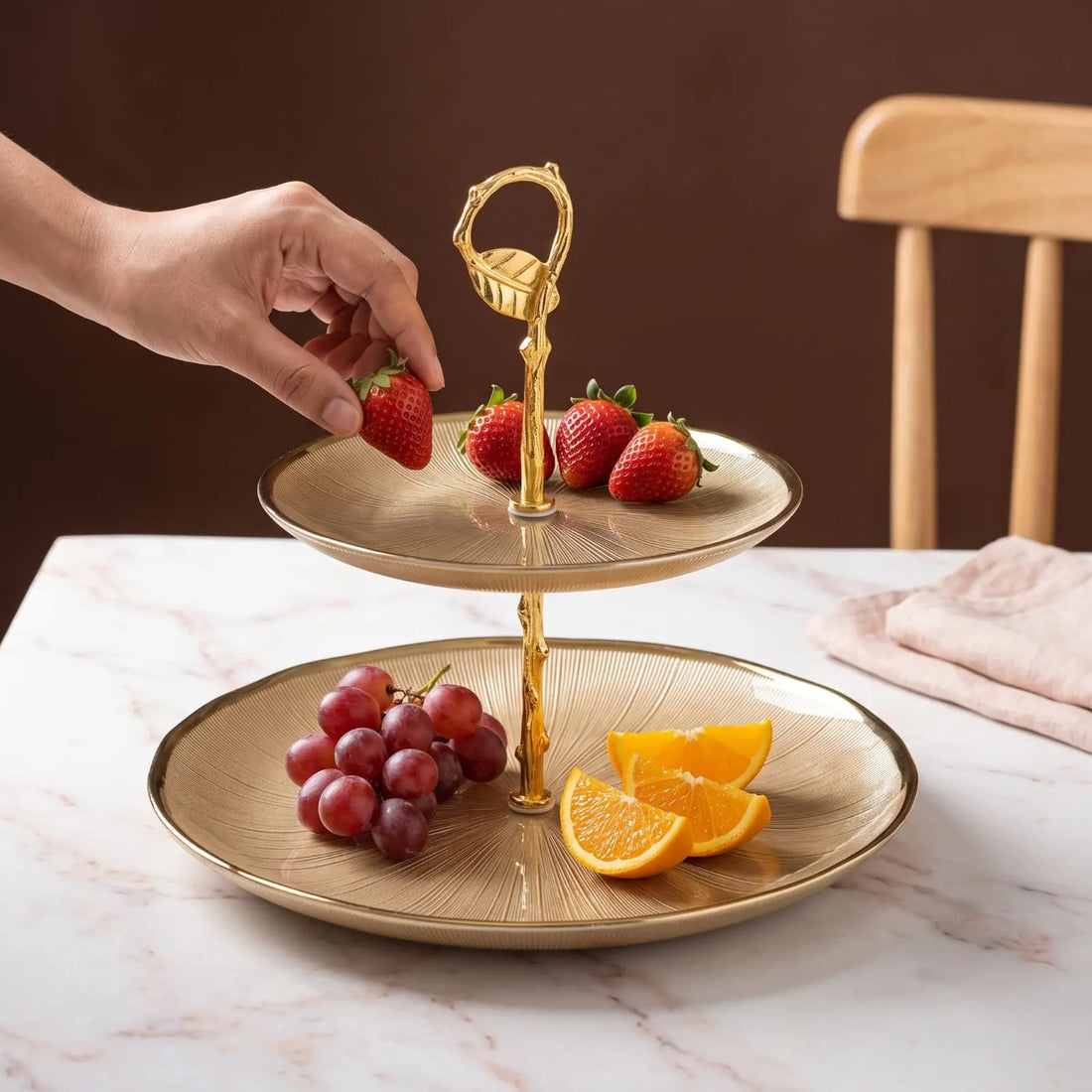2 Tier Gold Ceramic Fruit Stand with Golden Metal Stem | Sarteo