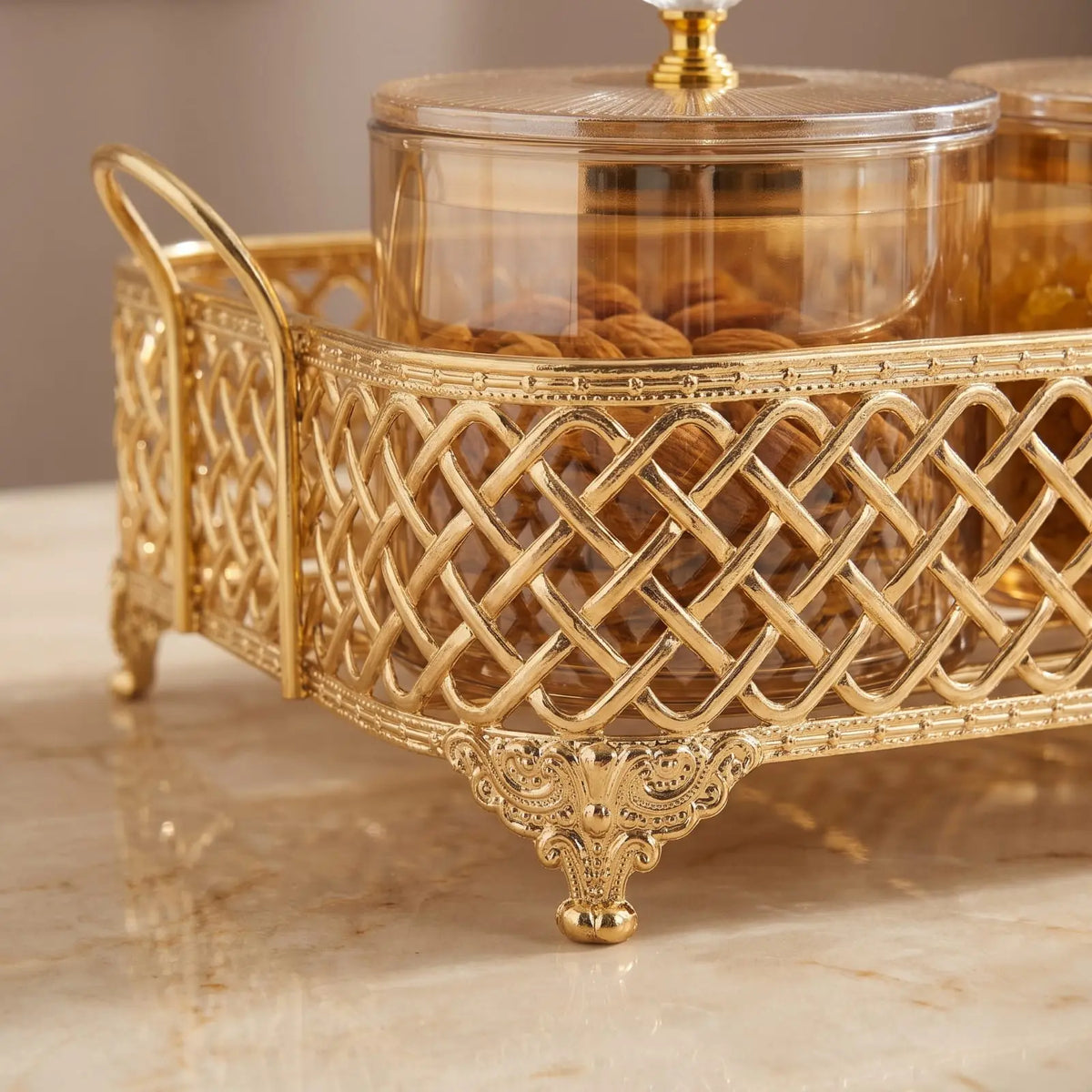 4 x 400 ml Glass Dry Fruit Jar Set with Curved Golden Stand – 8956