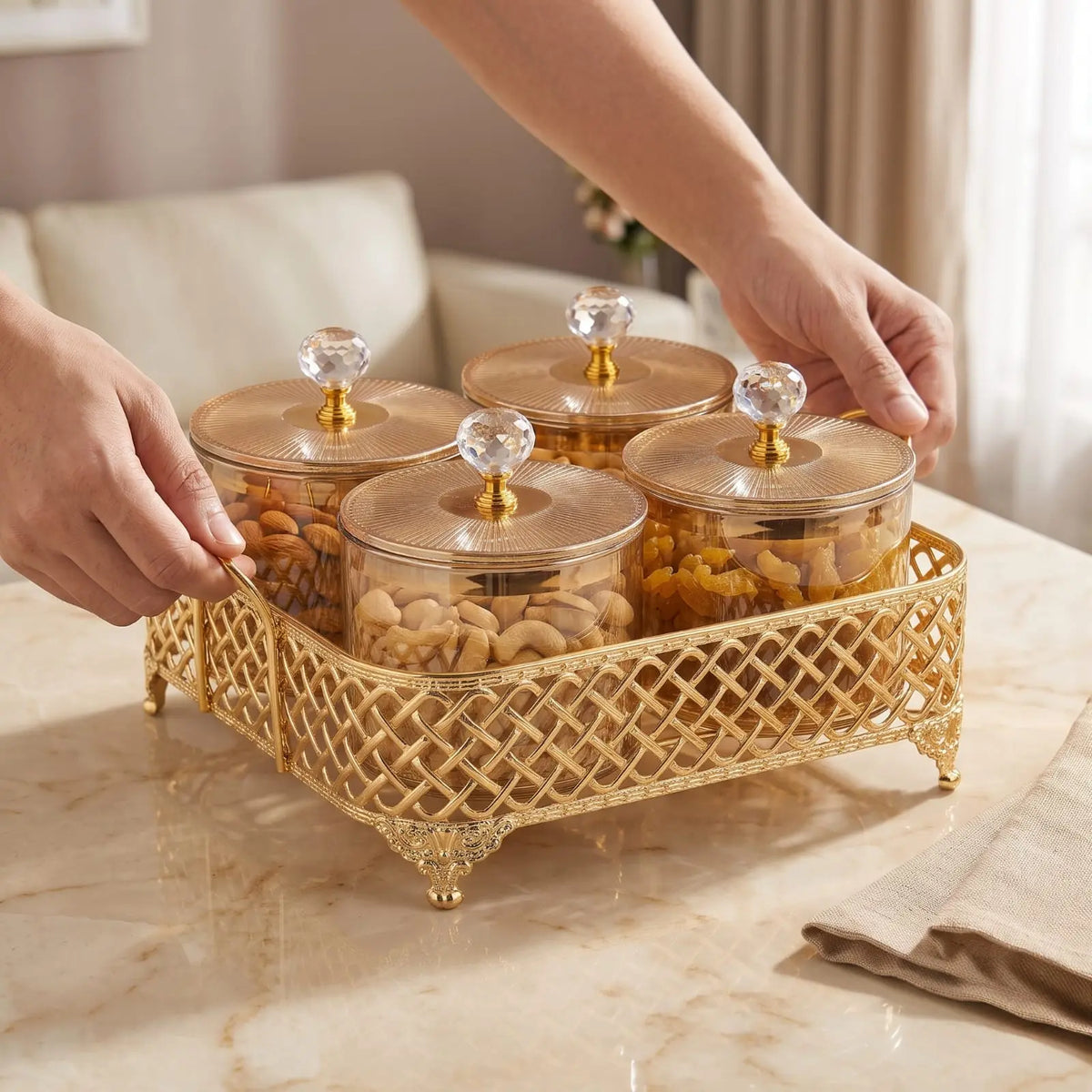 4 x 400 ml Glass Dry Fruit Jar Set with Curved Golden Stand – 8956