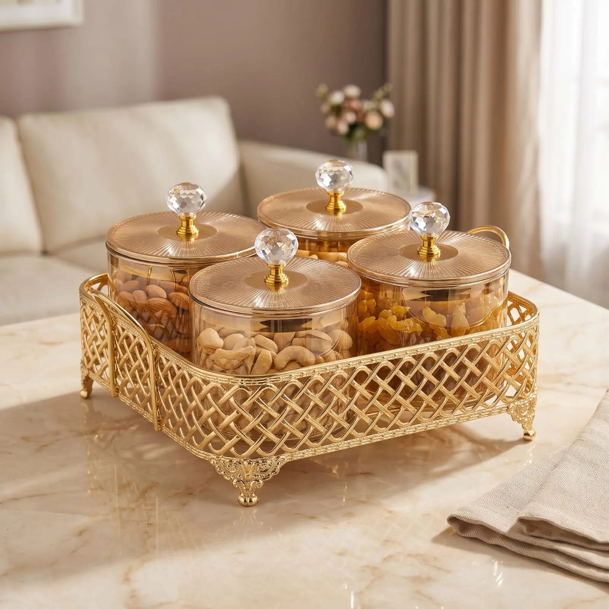 4 x 400 ml Glass Dry Fruit Jar Set with Curved Golden Stand – 8956