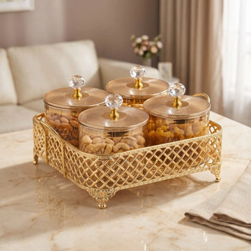 4 x 400 ml Glass Dry Fruit Jar Set with Curved Golden Stand – 8956