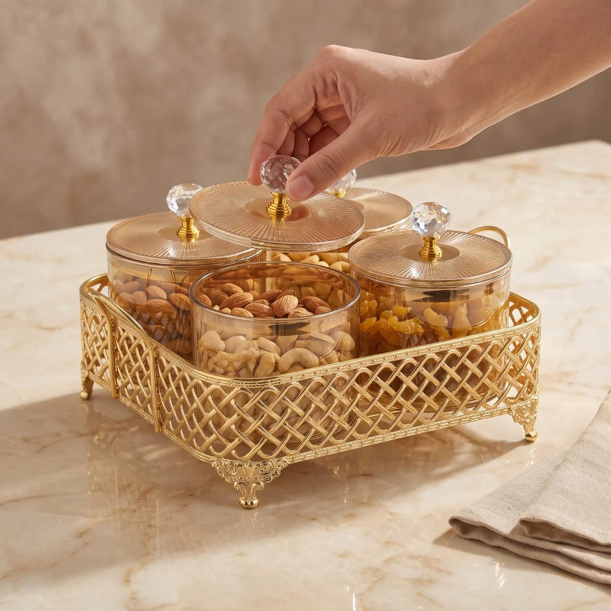 4 x 400 ml Glass Dry Fruit Jar Set with Curved Golden Stand – 8956