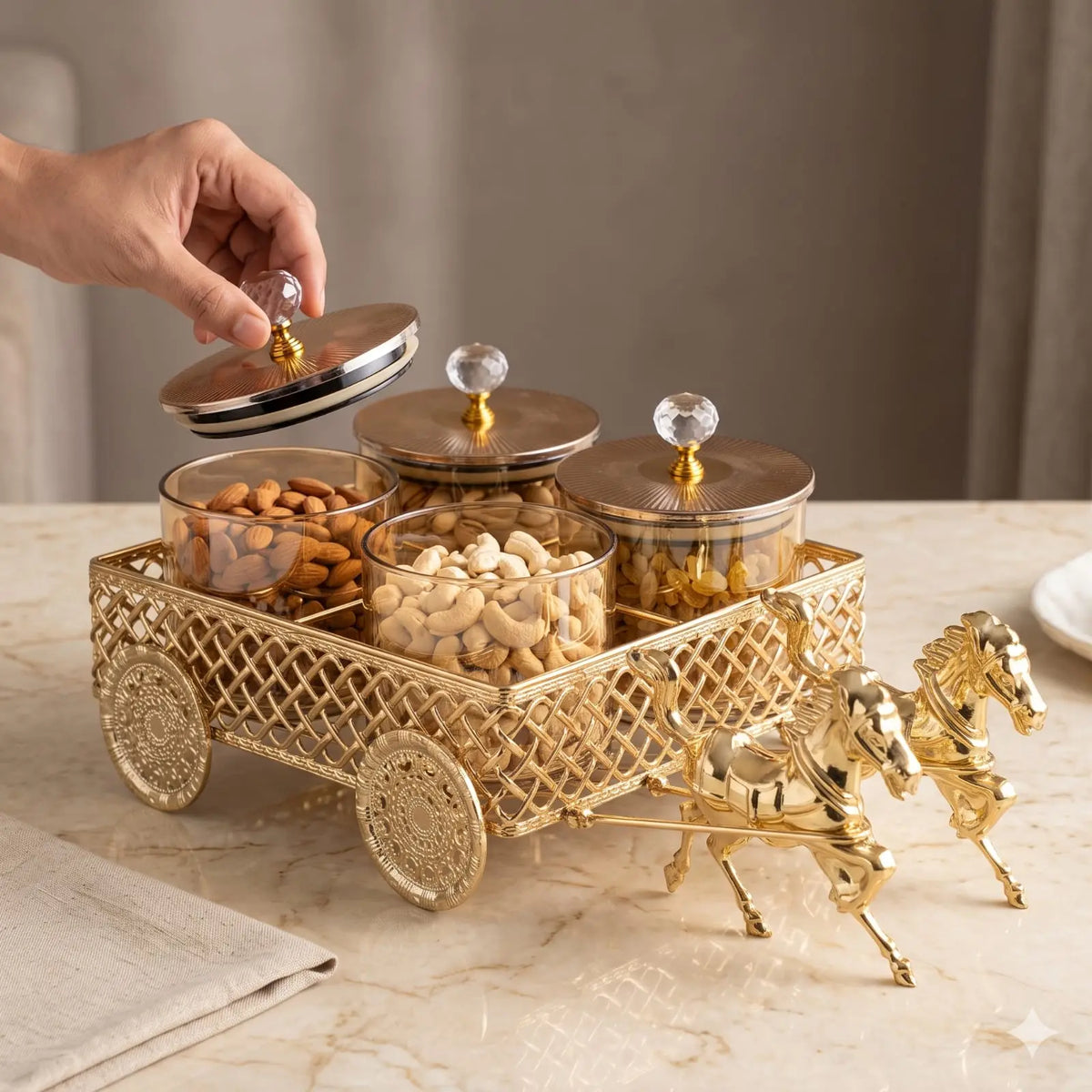 Golden Horse Carriage 4 Jar Dry Fruit & Candy Serving Set