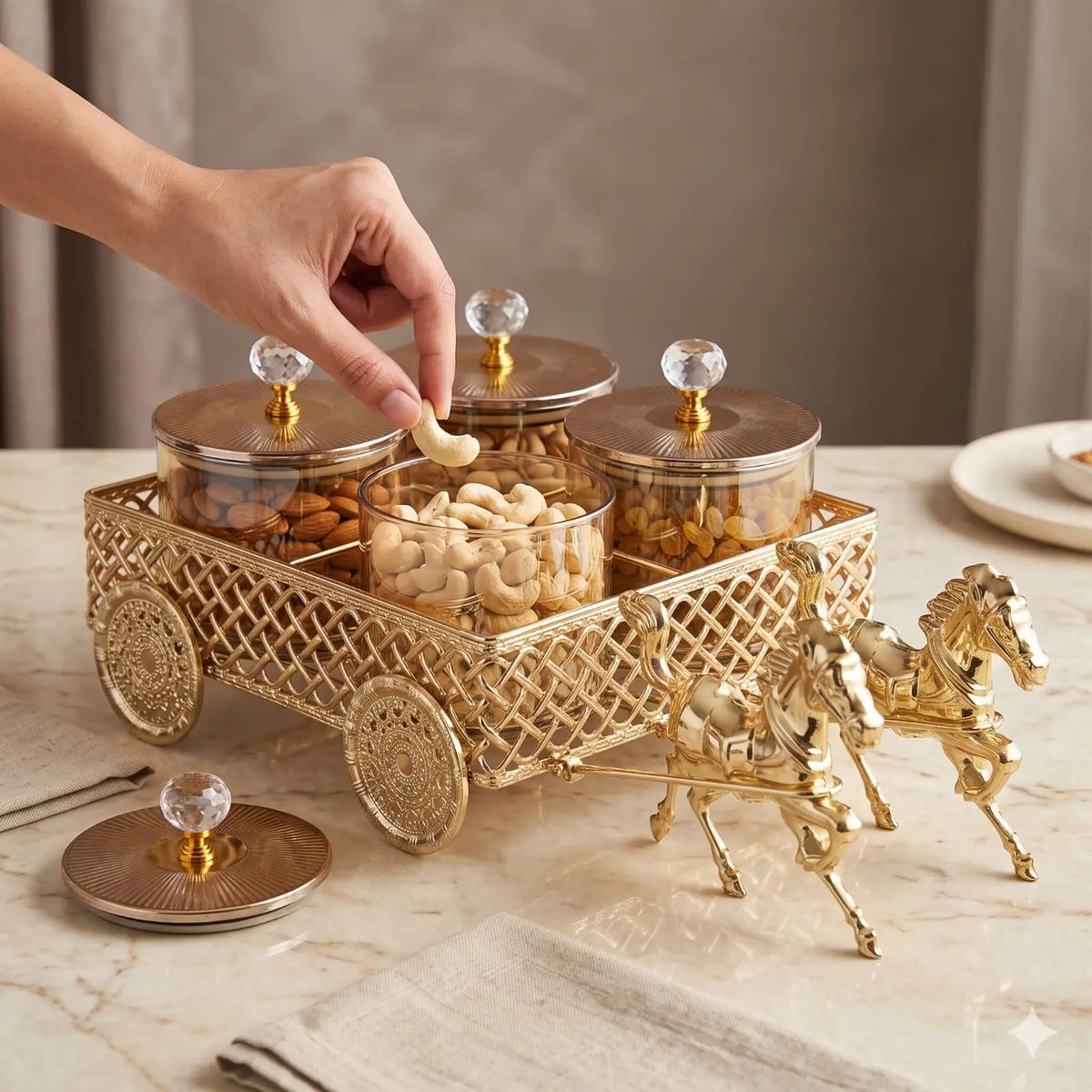 Golden Horse Carriage 4 Jar Dry Fruit & Candy Serving Set