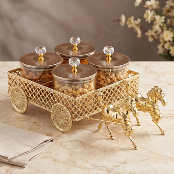 Golden Horse Carriage 4 Jar Dry Fruit & Candy Serving Set