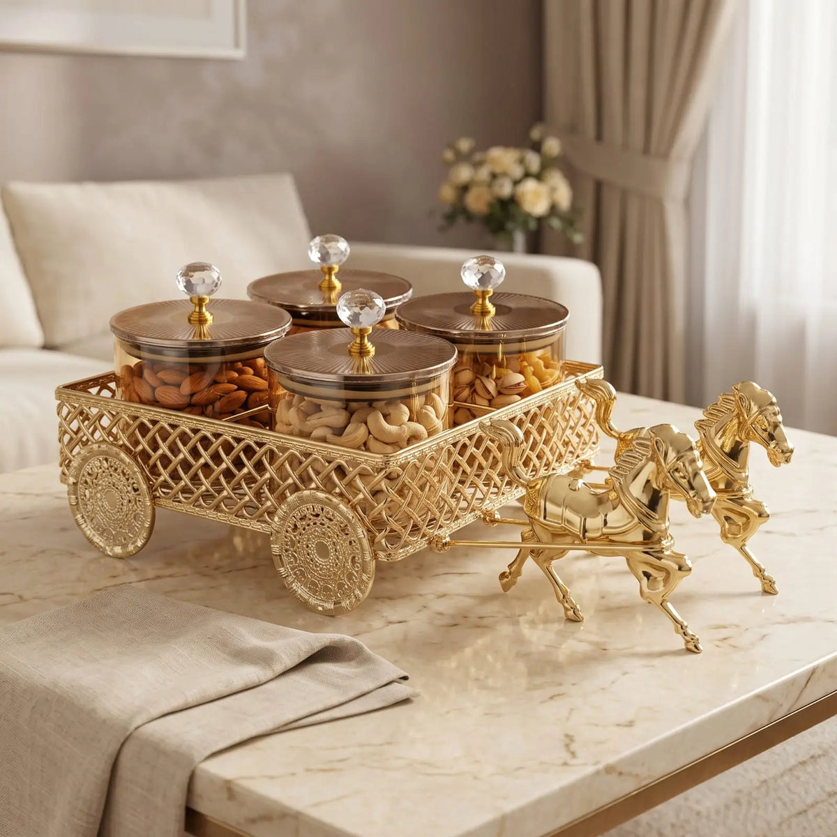 Golden Horse Carriage 4 Jar Dry Fruit & Candy Serving Set