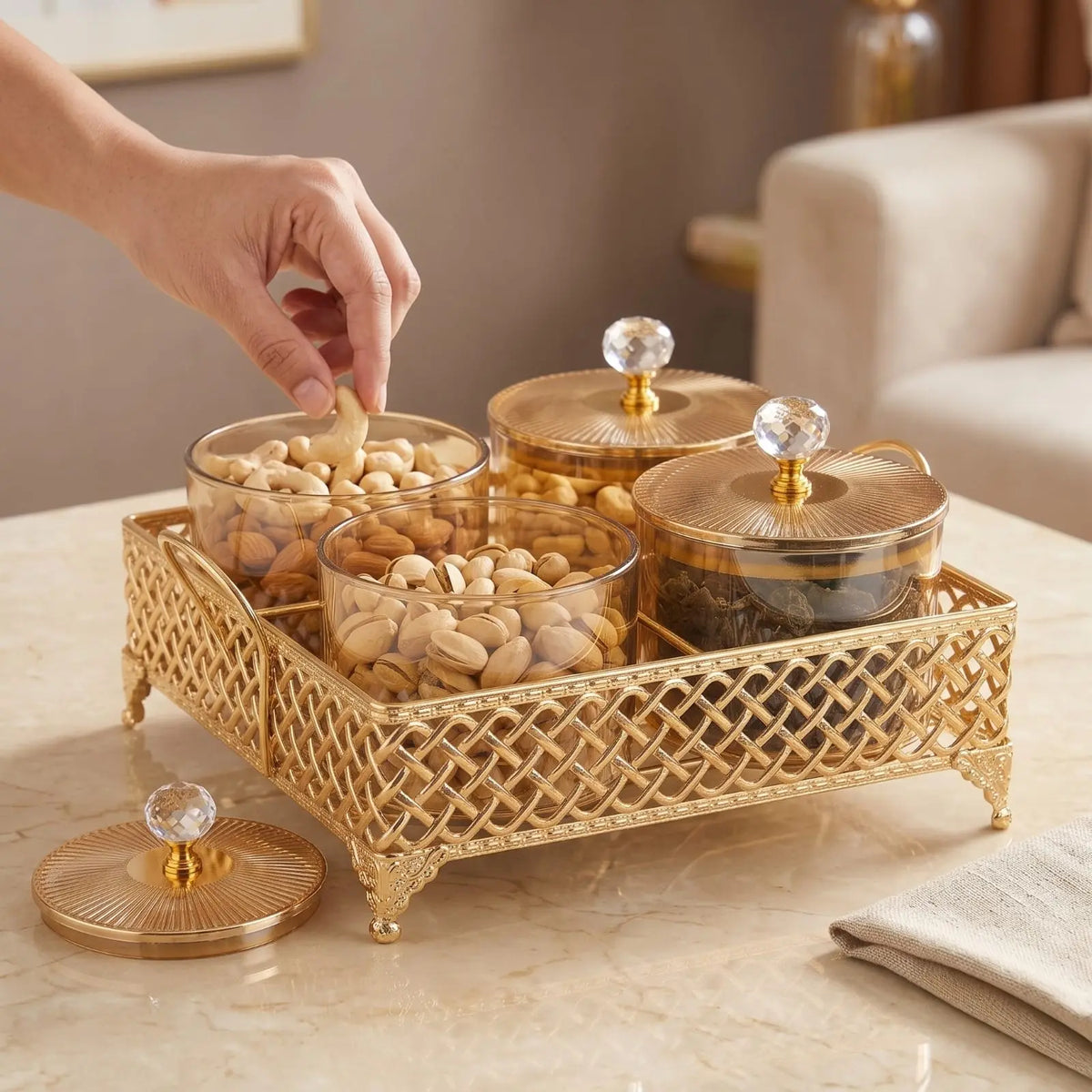 Golden 4 Jar Dry Fruit Serving Set – 400 ml Each | 8956
