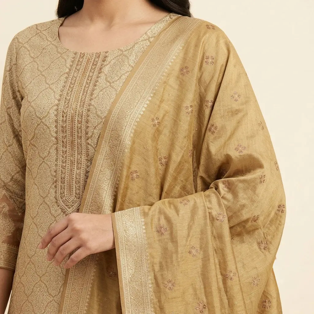 Gold Banarasi suit material close-up