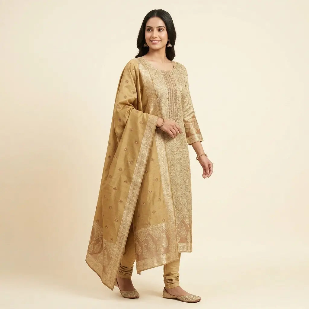 Gold Banarasi suit full-length model view