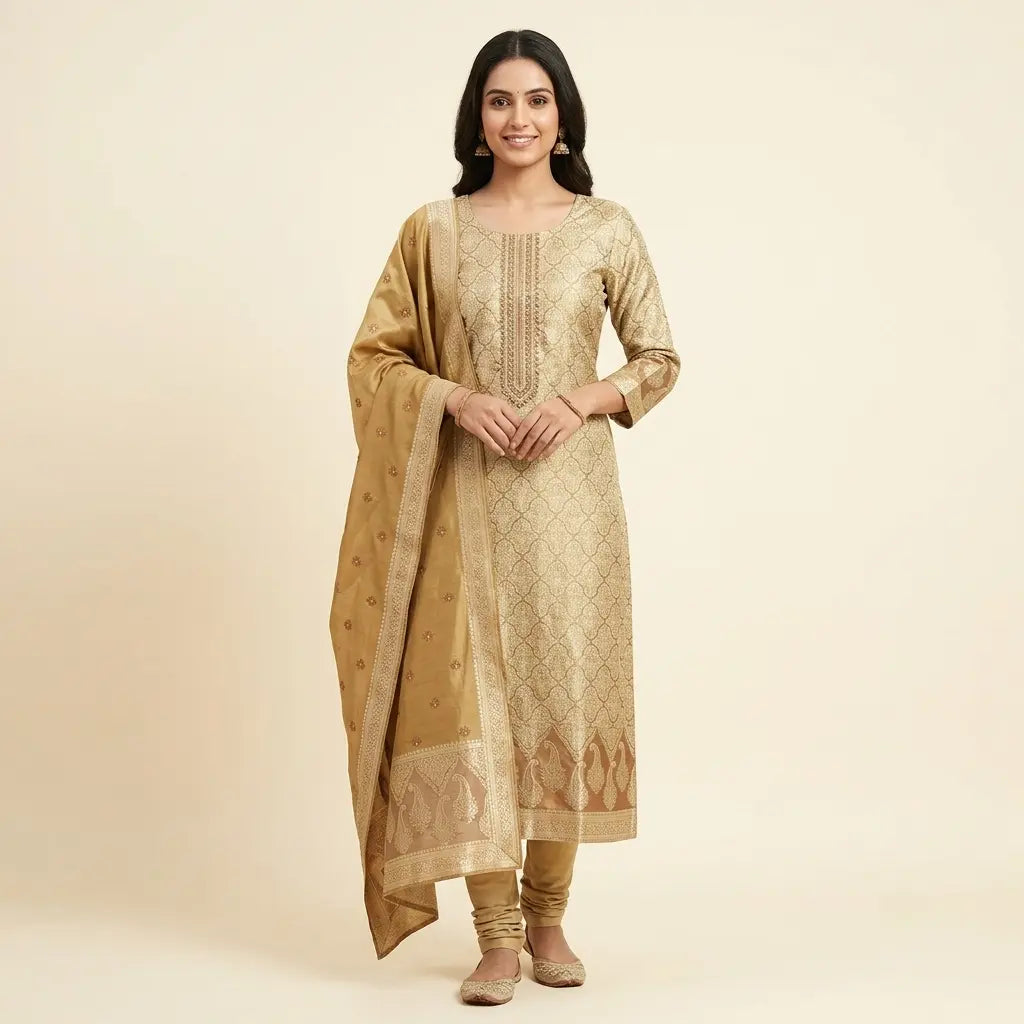 Gold Banarasi unstitched suit material, full front look