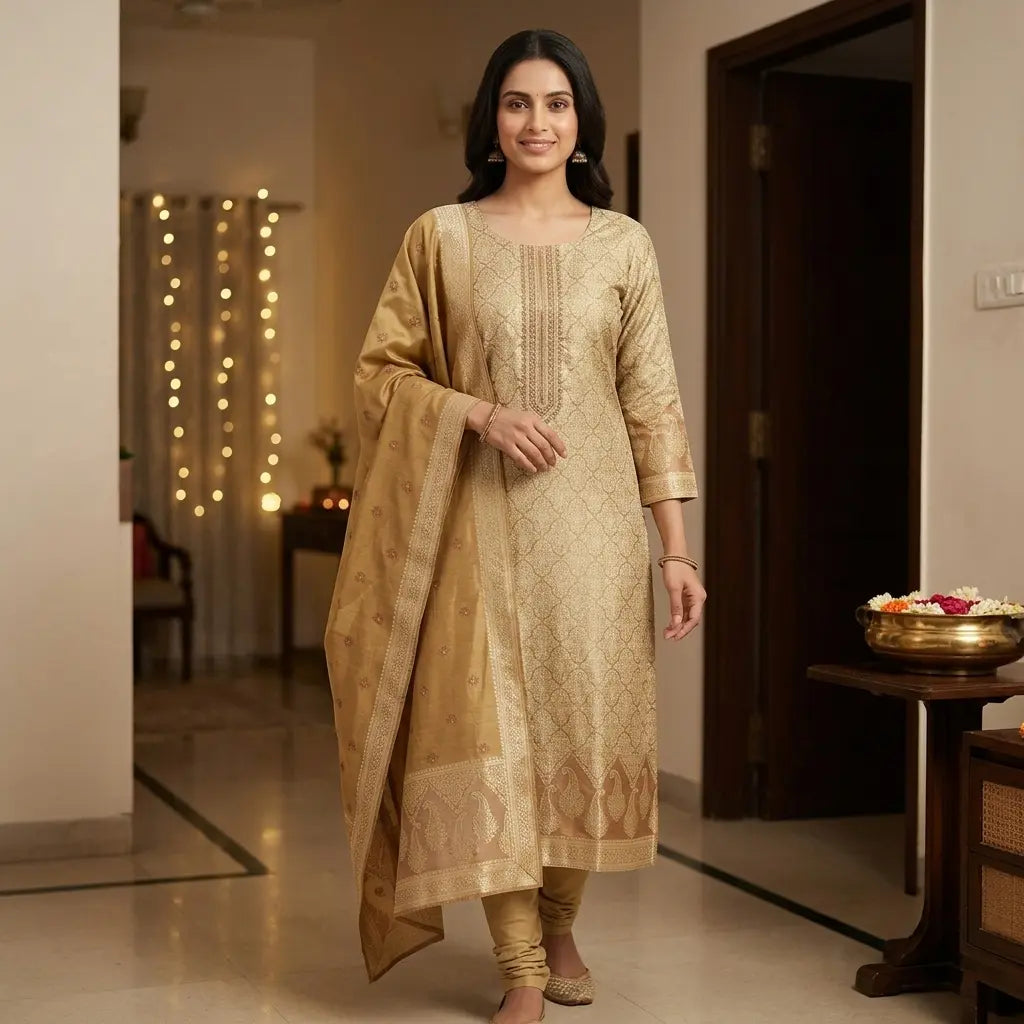 Gold Banarasi suit, festive lifestyle look