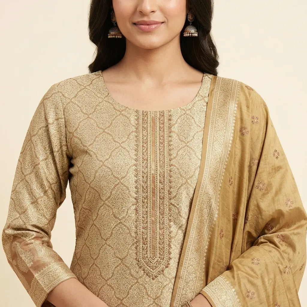Gold Banarasi suit neckline and woven detail