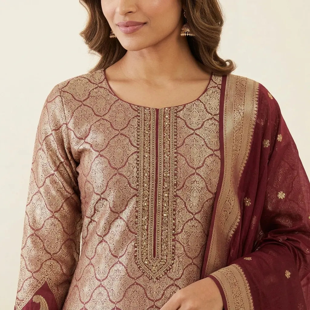 Maroon Banarasi suit neckline and fabric detail