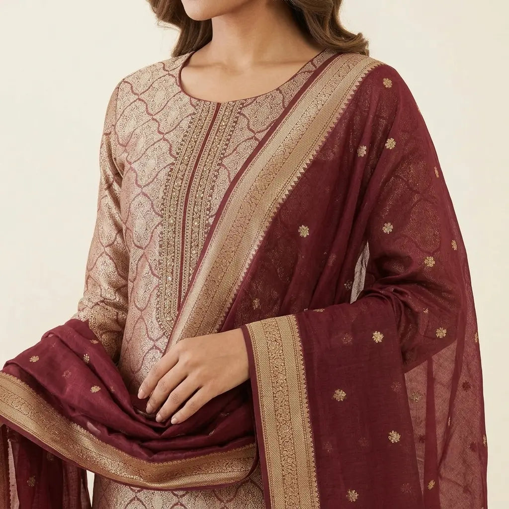 Maroon Banarasi dupatta border and design detail