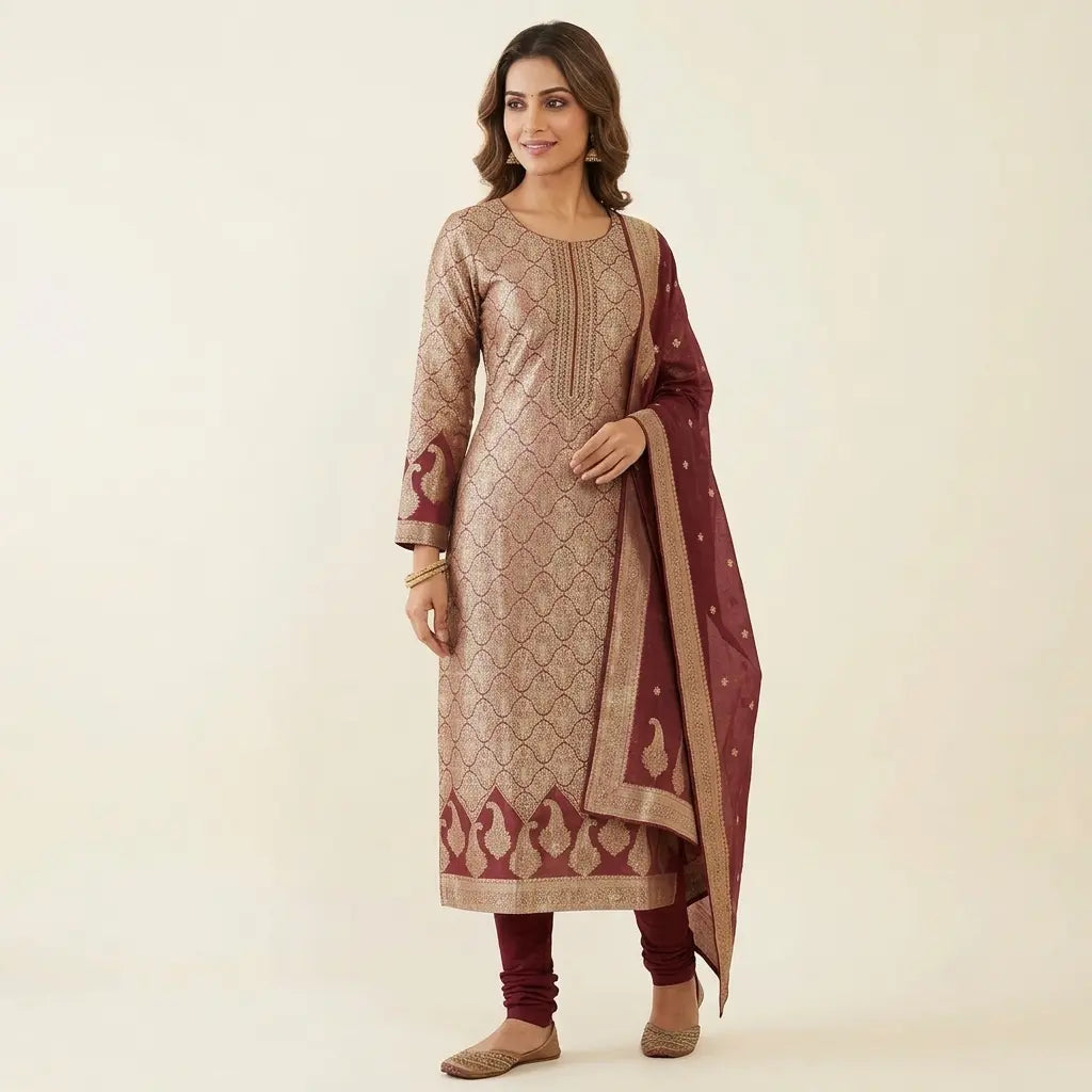 Maroon Banarasi suit full-length model view