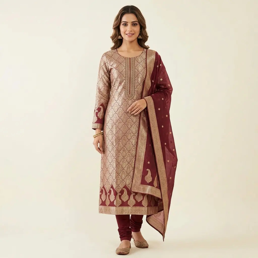 Maroon Banarasi unstitched suit material, full front look