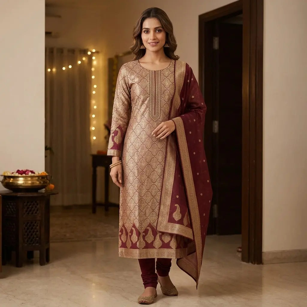Maroon Banarasi unstitched suit, festive lifestyle look