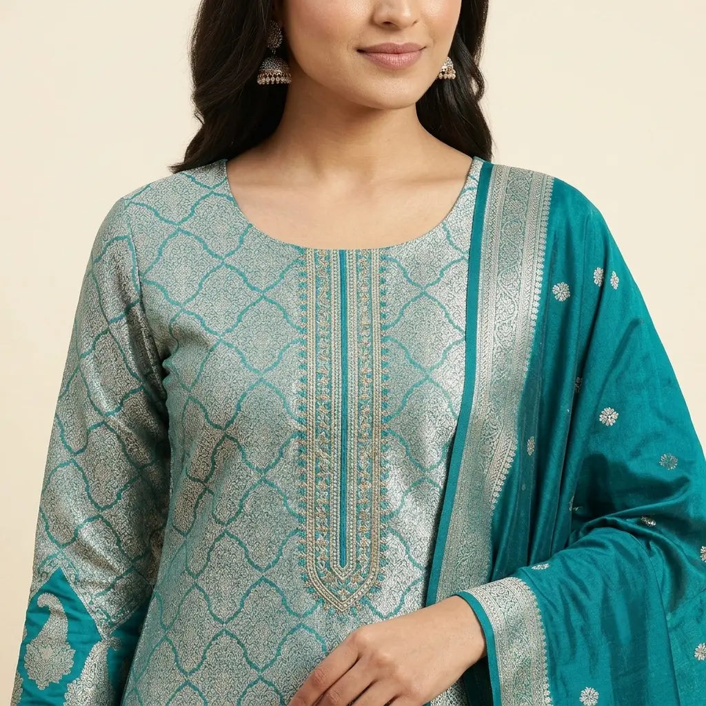 Teal Banarasi suit neckline and fabric detail