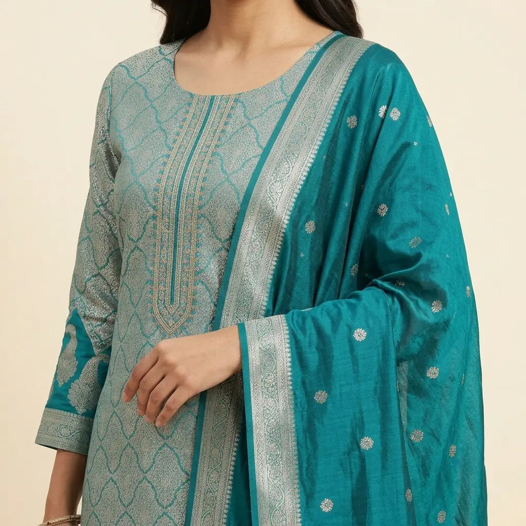 Teal Banarasi dupatta border and design detail