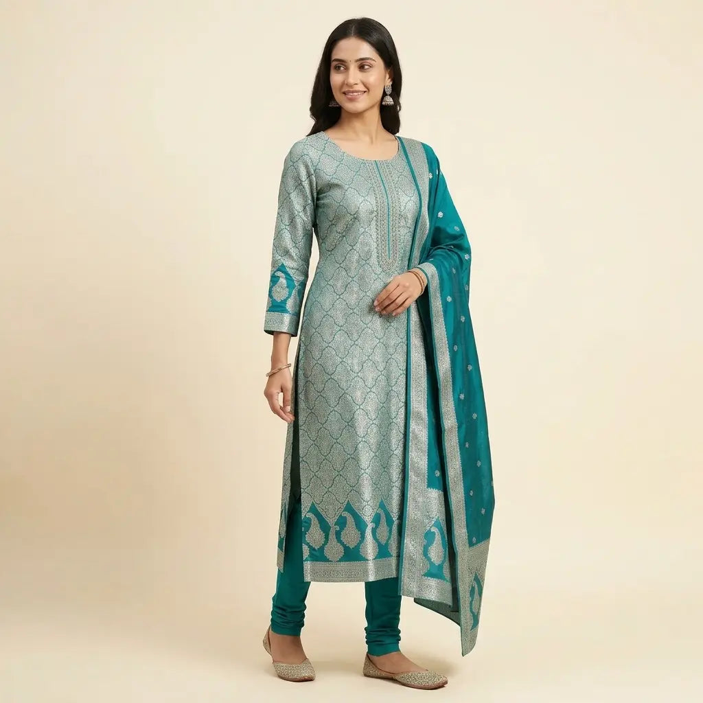 Teal Banarasi suit full-length model view