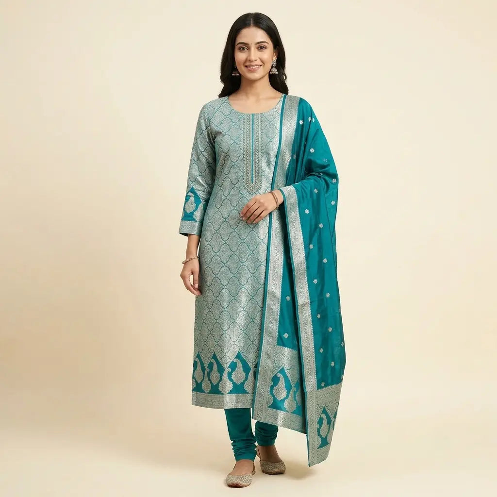 Teal Banarasi unstitched suit material, full front look