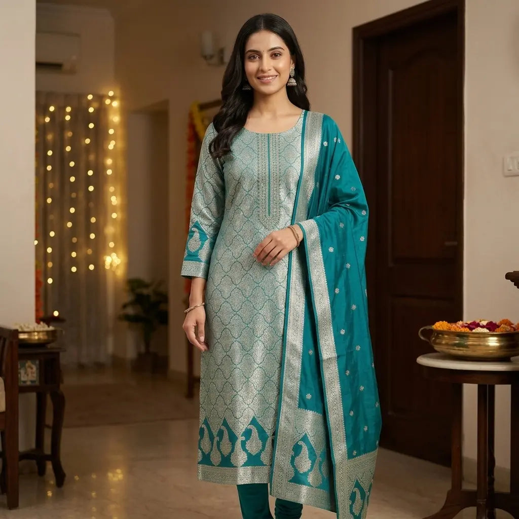 Teal Banarasi unstitched suit, festive lifestyle look
