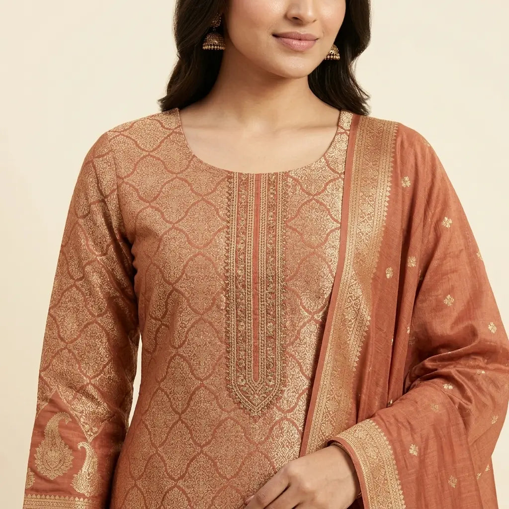 Terracotta Banarasi suit neckline and design detail