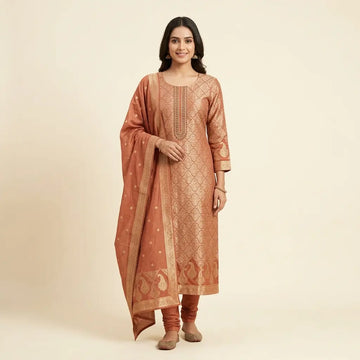 Terracotta Banarasi unstitched suit material, full front look